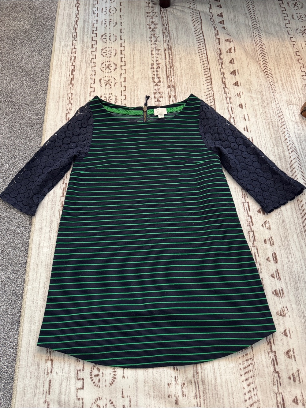 Anthropologie Navy and Green Striped Top with Lace Sleeves